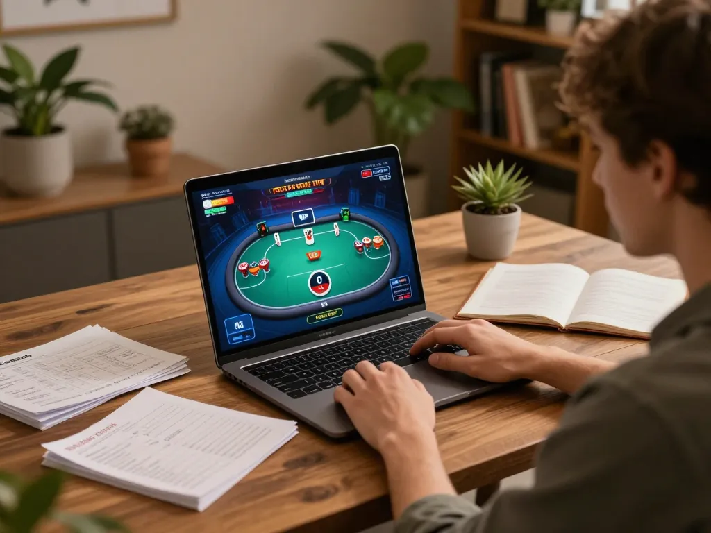Experience Vmax trang chủ with a player focused on poker strategy using a laptop for online gaming.