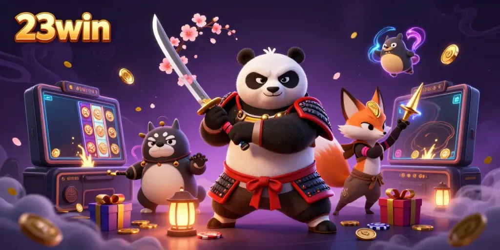Experience thrilling gaming at 23win with a dynamic illustration of a panda samurai and flying coins.