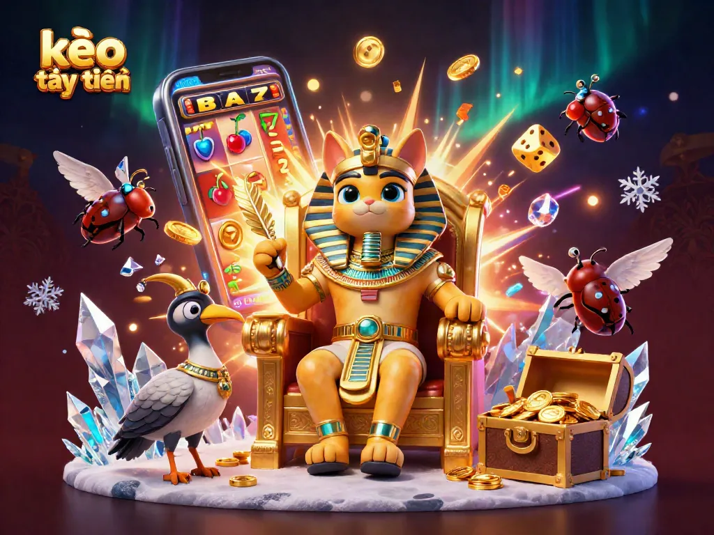 Experience exciting wins with kèo trực tuyến in a vibrant 3D casino illustration featuring the Egyptian pharaoh cat.
