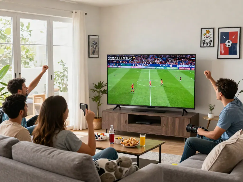 Group friends enjoying live soccer match at home on xoilactvx.me, with snacks and excitement in the air.