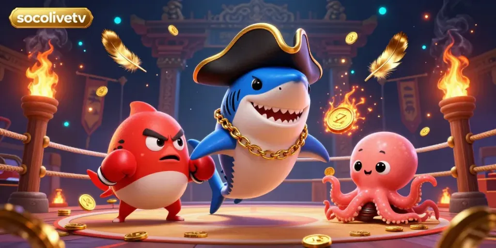 Experience sports betting excitement with Socolivetv's dynamic illustration of animated characters amid casino elements.