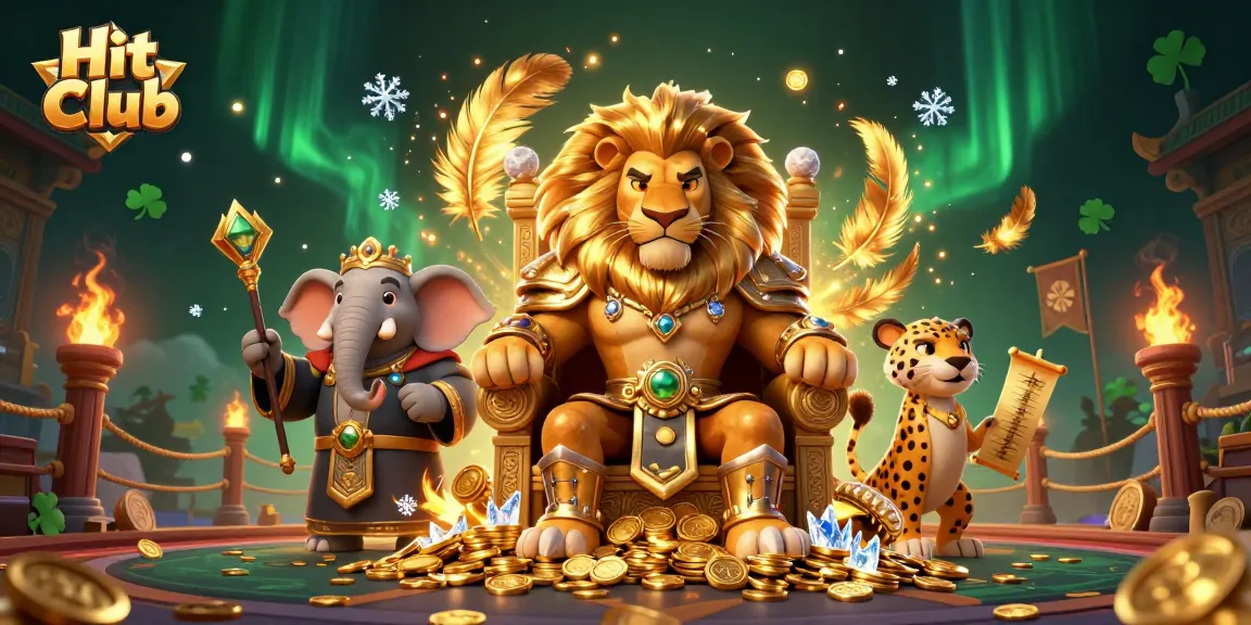 Experience excitement with Hit Club's online games featuring a regal lion king and vibrant visuals.
