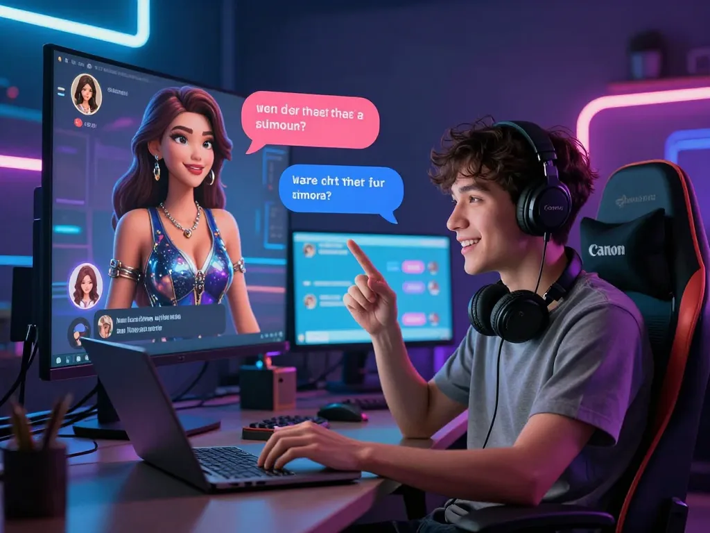 Engaging user interaction with a porn chat AI character in a vibrant digital setting.
