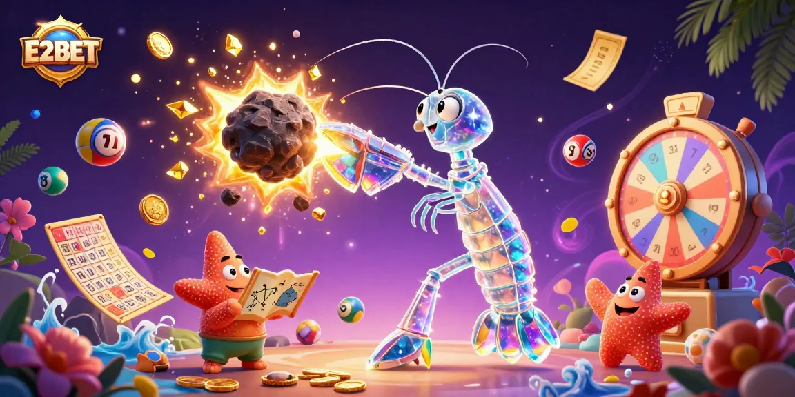 E2BET offers exciting gameplay with vibrant lottery and casino elements combined in a dynamic 3D scene.