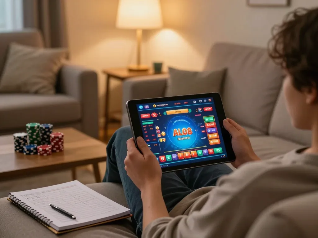 Person enjoying online gaming with ALO8 casino app in a cozy home setting.