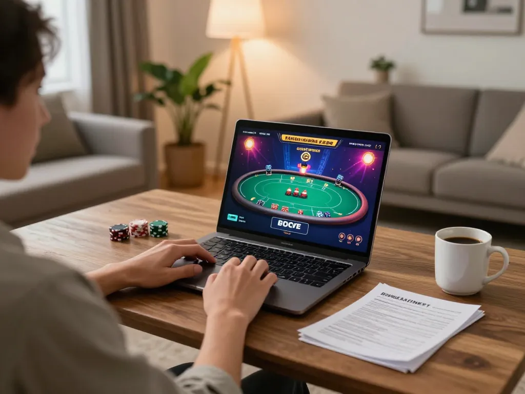 CM88 player focused on online poker strategy in a cozy home gaming setup
