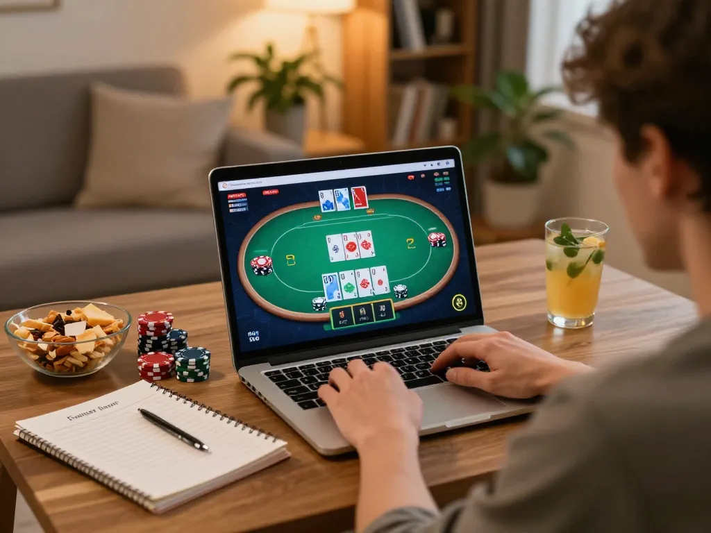 Player engaged in online gambling on fo88r, using laptop to join poker game with snacks nearby.