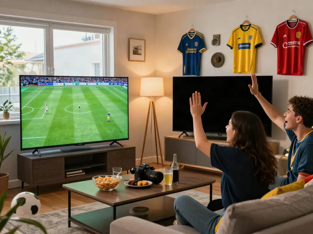 Fans enjoying a thrilling match on gavangtv.life in a vibrant living room setting