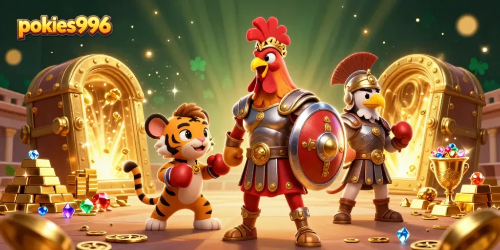 Engage in thrilling pokies996 gameplay with a dynamic scene of a gladiator rooster amid slots and treasures.
