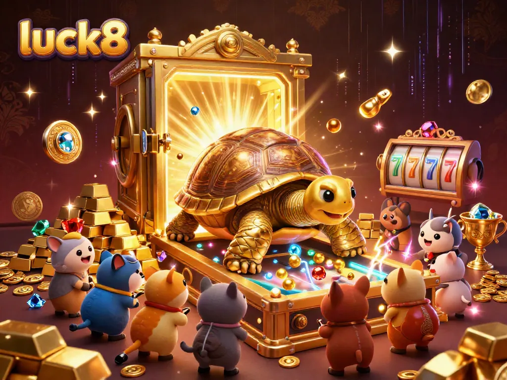 Experience high-stakes thrills with luck8’s colossal golden tortoise in a vibrant casino scene filled with treasures.