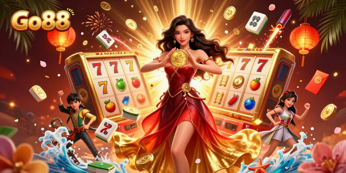 Experience thrilling gameplay at Go88 with vibrant slot reels and a stunning 3D atmosphere.