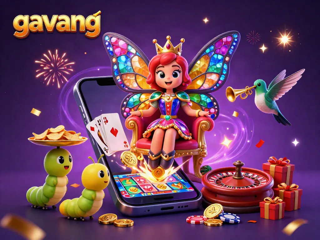 Experience exciting gambling action with Gavang in a vibrant 3D casino illustration showcasing colorful games and characters.