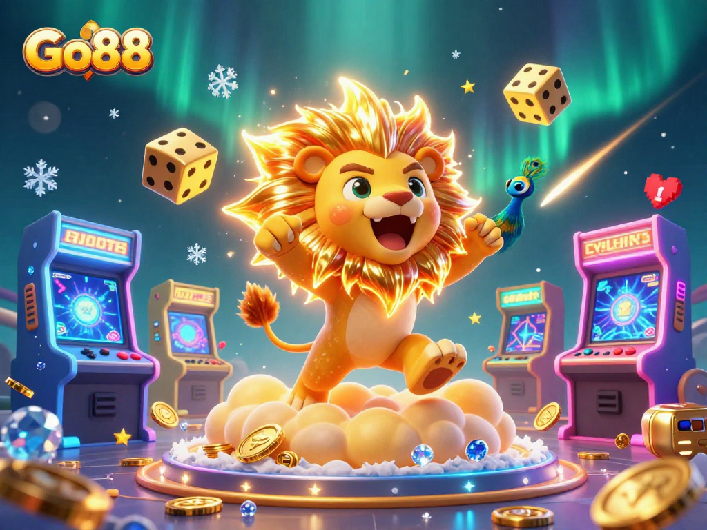 Engage with Go88's vibrant illustration showcasing thrilling casino adventures with a 3D lion and colorful game elements.