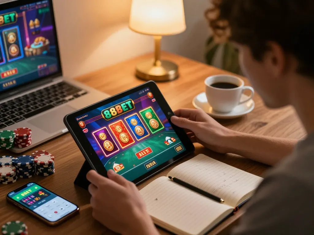 Playing exciting games on 88BET tablet in cozy home office atmosphere.