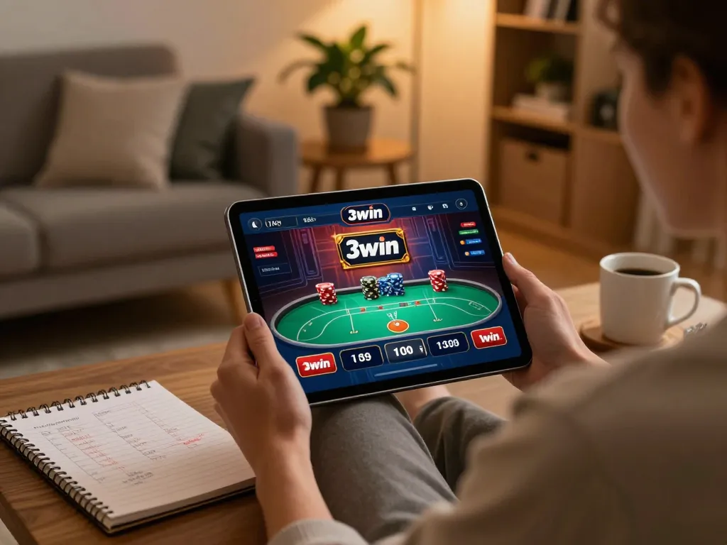 Player engaging in strategic gaming on the 3win online casino platform in a cozy home setting.