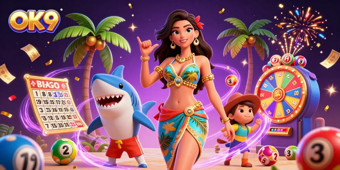 Engage with OK9’s vibrant casino world, featuring a glamorous woman, a surfer shark, and dynamic lottery elements.