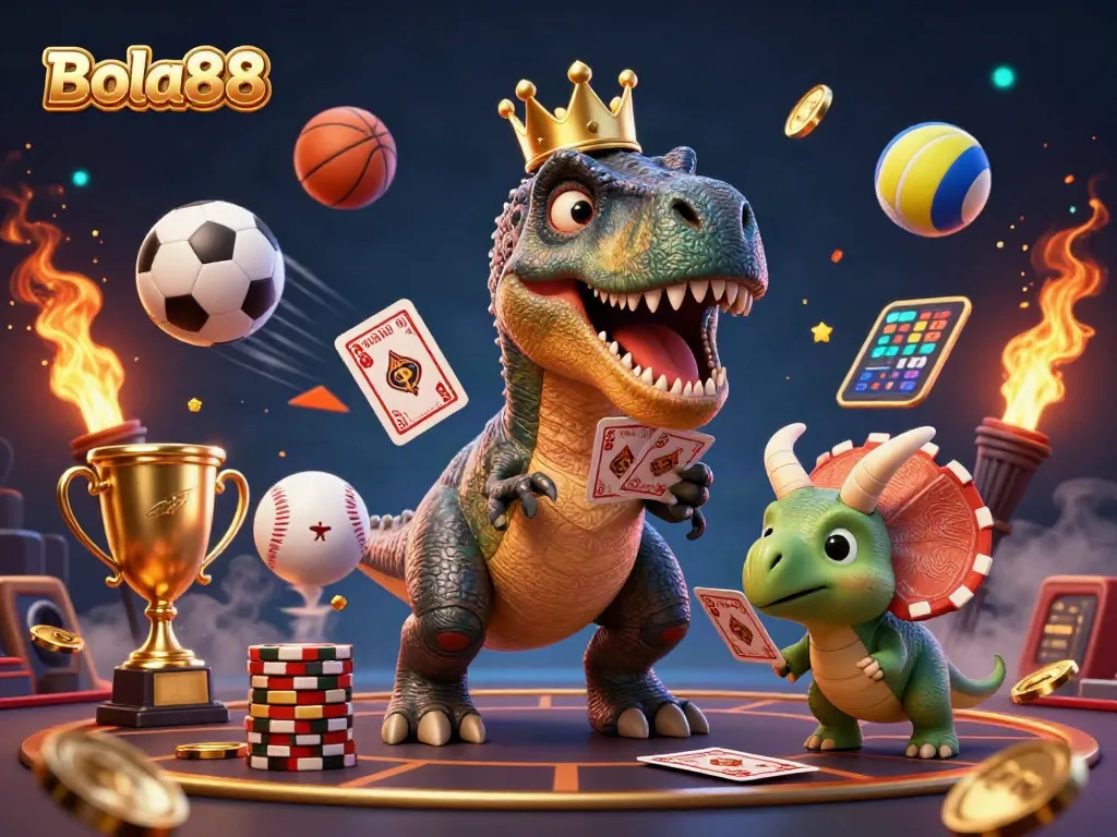 Bola88 showcases a vibrant 3D scene of a T-Rex playing cards with sports balls dynamically flying around.