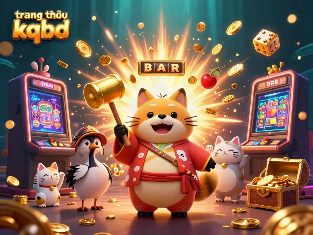 Experience the excitement with trang chủ kqbd, featuring a cheerful tanuki in a vibrant casino scene with dynamic gambling elements.