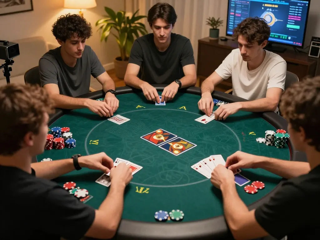 GVUI online poker gaming with players in action at home, showcasing vibrant chips and cards.