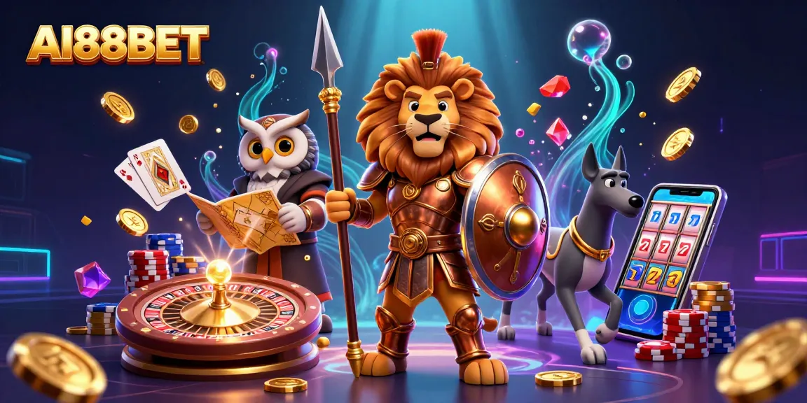 Experience thrilling gameplay at AI88BET with a cartoon Spartan lion, an owl strategist, and a greyhound messenger amidst cascading coins and roulette elements.