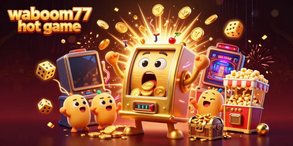 Experience the excitement of waboom77 hot game with a dynamic 3D illustration showcasing golden slot machines and jackpots.