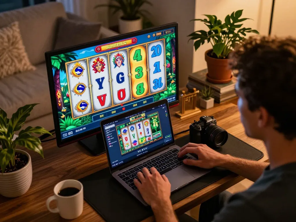 Engaging player enjoying an online slots game on dw8 platform in warm home ambiance