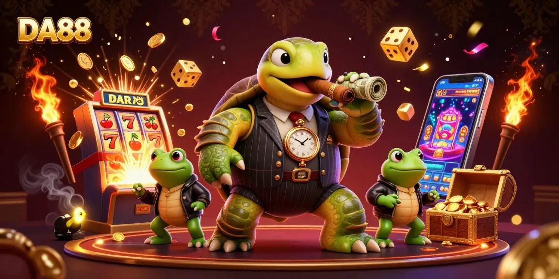 Experience the thrilling action of DA88 slot games with a colorful, animated scene featuring dynamic casino symbols.