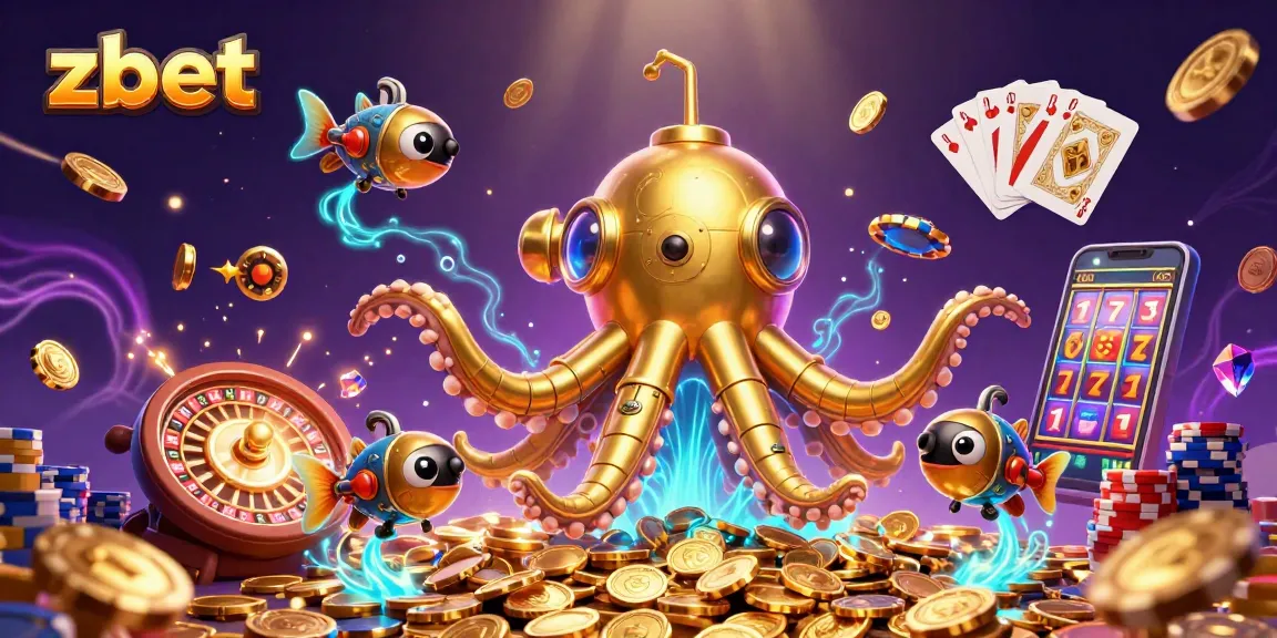Experience the thrill of winning with zbet's dynamic casino illustration featuring a golden kraken and vibrant games.