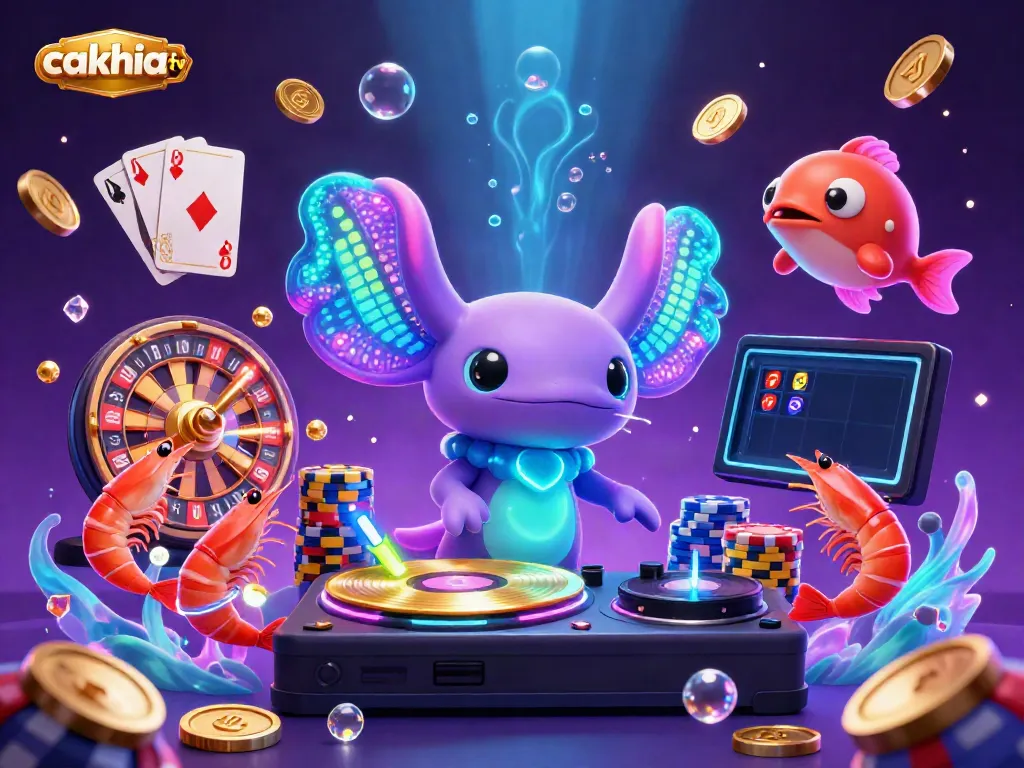 Cakhia TV showcases an animated party scene with vibrant characters, sparkling coins, and lively gaming elements.