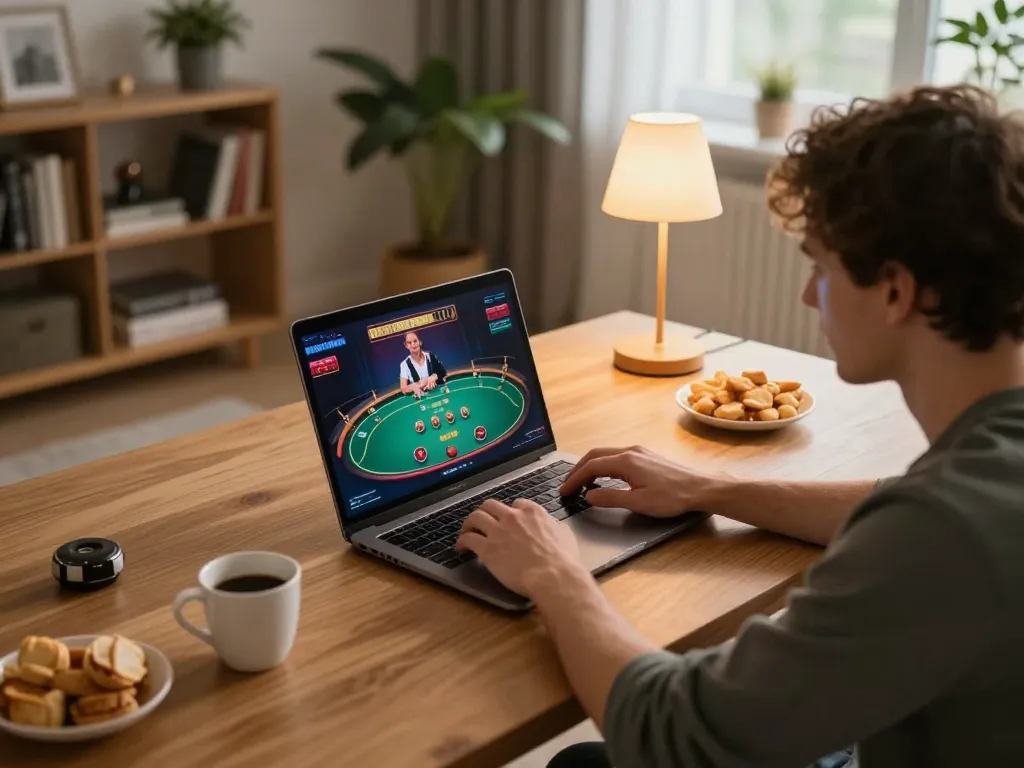 Player engaging in online poker gaming with RR88 at home, showcasing a cozy and strategic atmosphere.