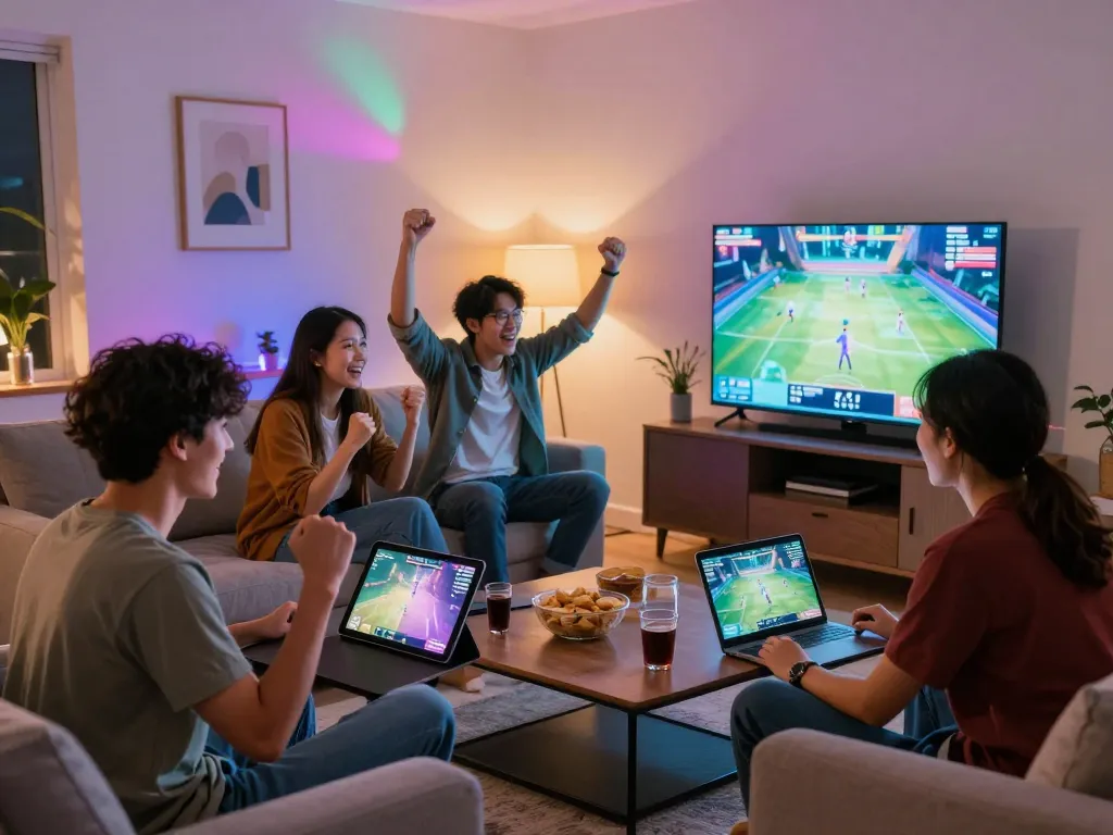 Engaging hitclub gaming scene with friends enjoying their time in a cozy living room