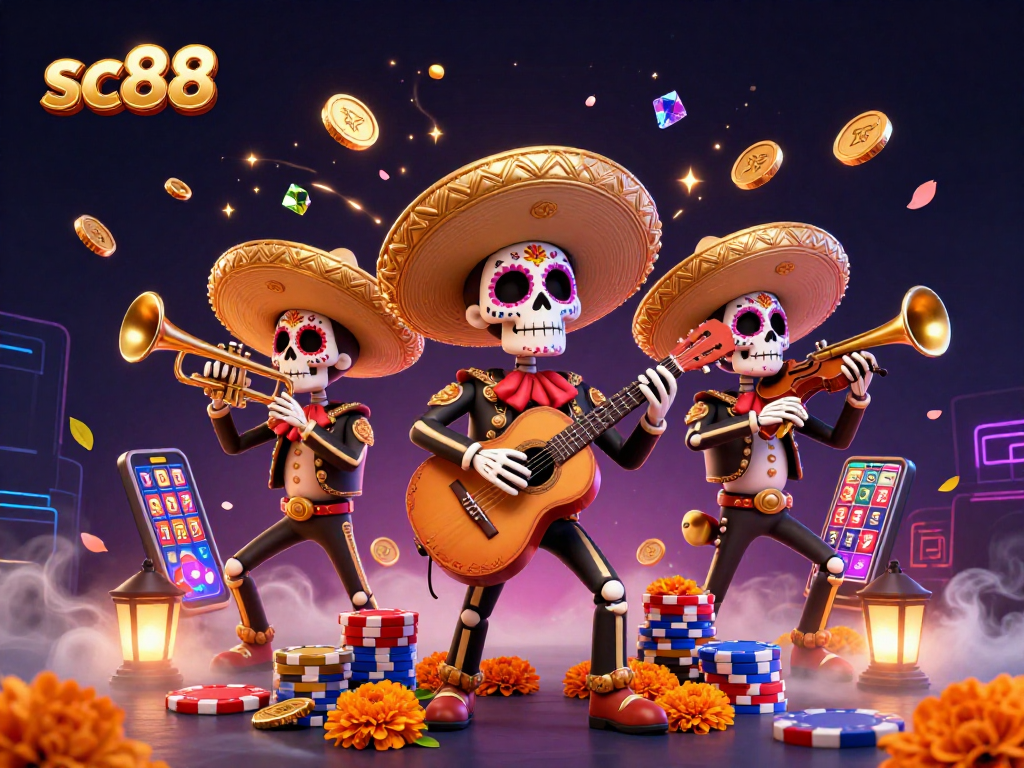 Experience vibrant gameplay with sc88 featuring a mariachi band amidst cascading coins and poker chips.