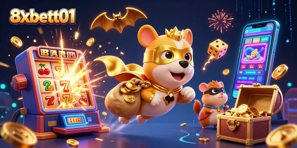 Engage in thrilling gameplay with 8xbett01, where a superhero dog and hamster soar through a vibrant casino scene.