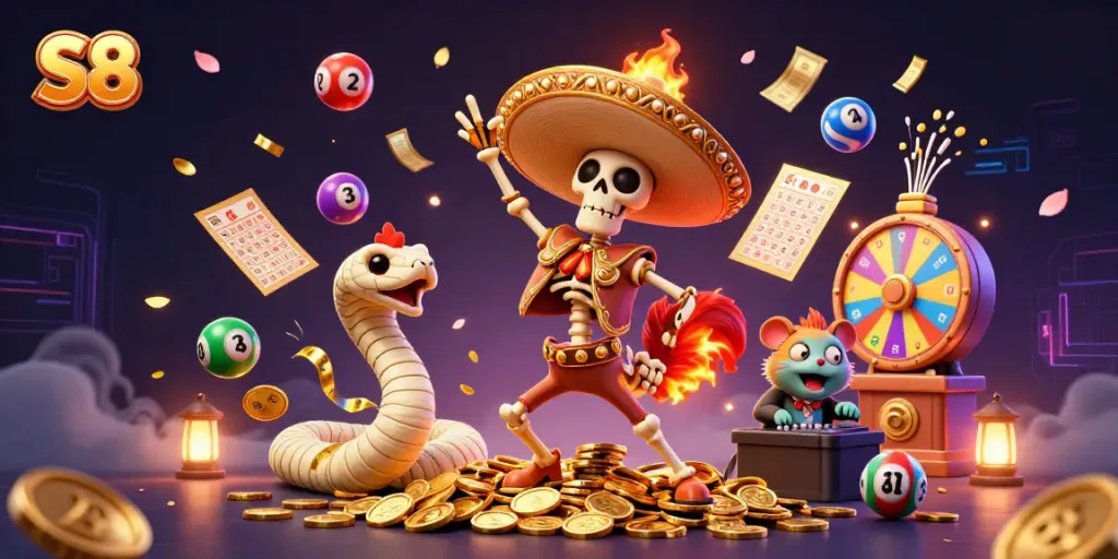 Engage in thrilling online gaming with S8, featuring vibrant characters and dynamic gambling elements.