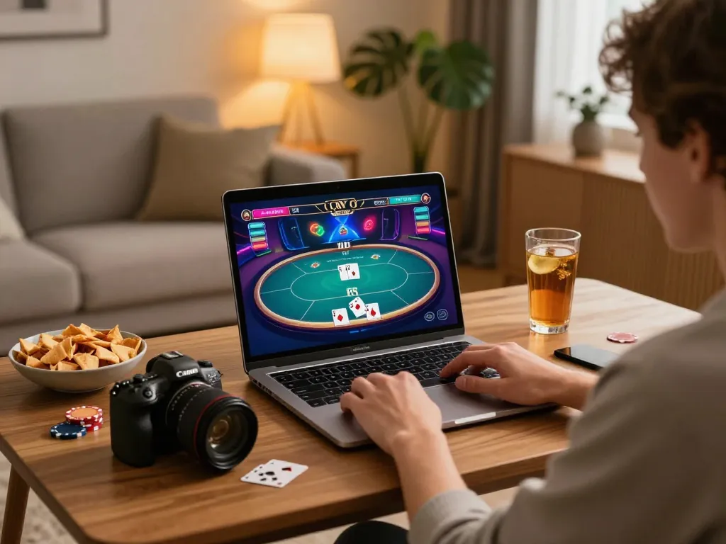 Play poker on vt88 with engaging gameplay on a laptop, cozy home atmosphere set.