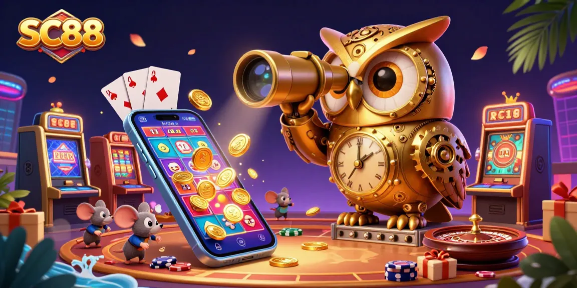 Uncover SC88's vibrant casino scene with a clockwork owl and animated slot machines.
