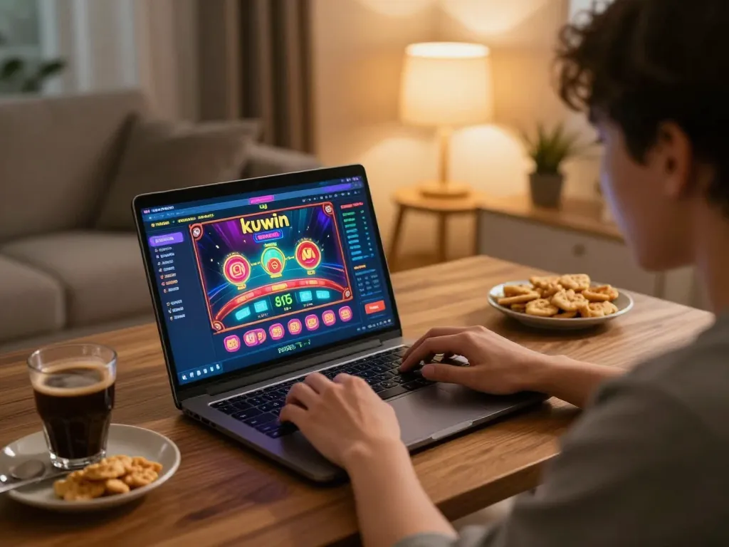 Kuwin player engaging in online casino games from home, enjoying a vibrant gaming session.