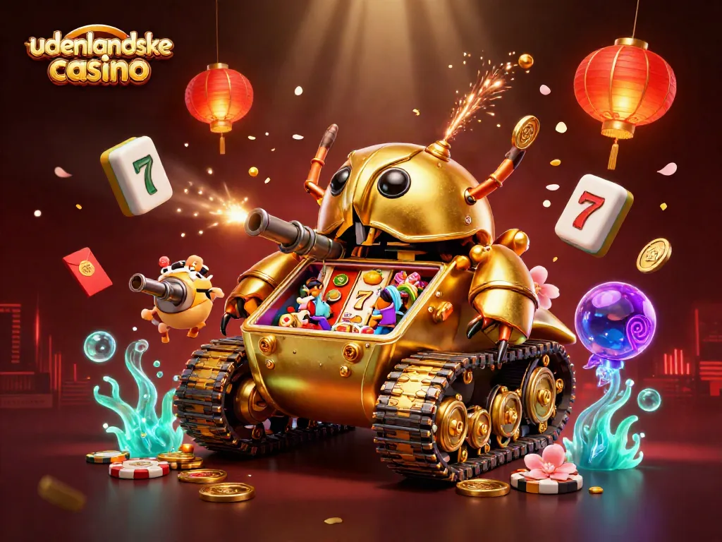 Engage with udenlandske casino in this vibrant 3D illustration showcasing a miniature casino battle tank, packed with gaming elements.