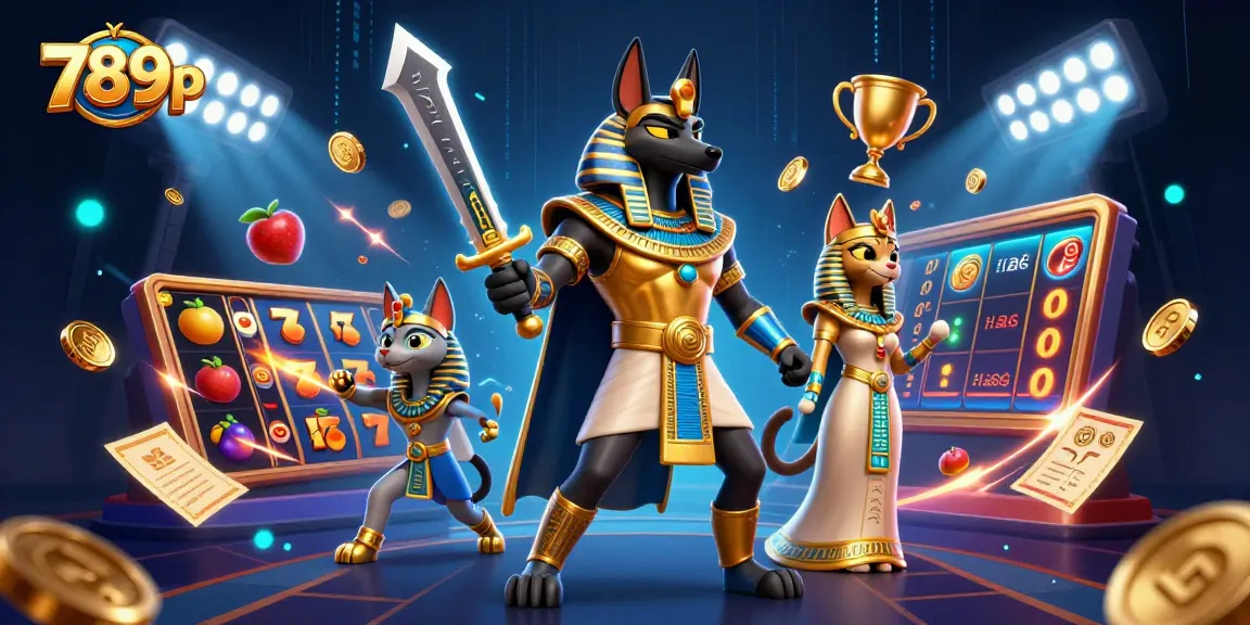 Engage in thrilling 789p slot games with dynamic ancient Egyptian themes in a vibrant casino scene.