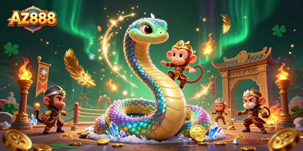 Play exhilarating games at AZ888 with vibrant characters and dazzling casino elements in a magical scene.