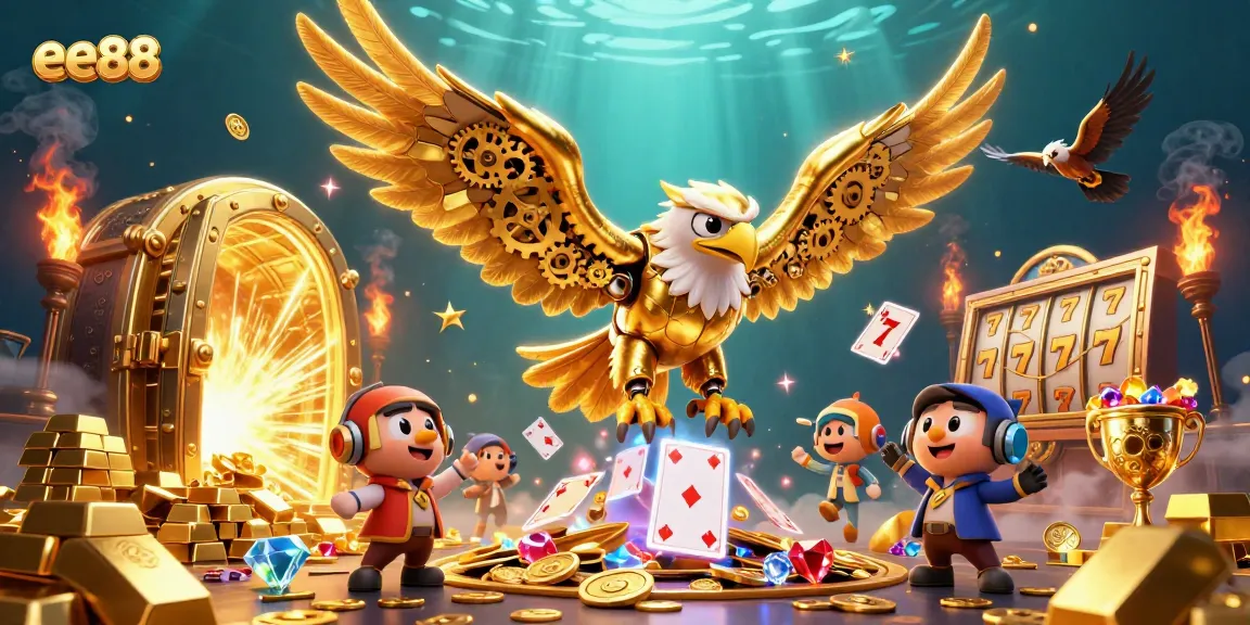 Experience the exciting gaming world of ee88 with a dazzling 3D illustration featuring golden treasures and slot elements.