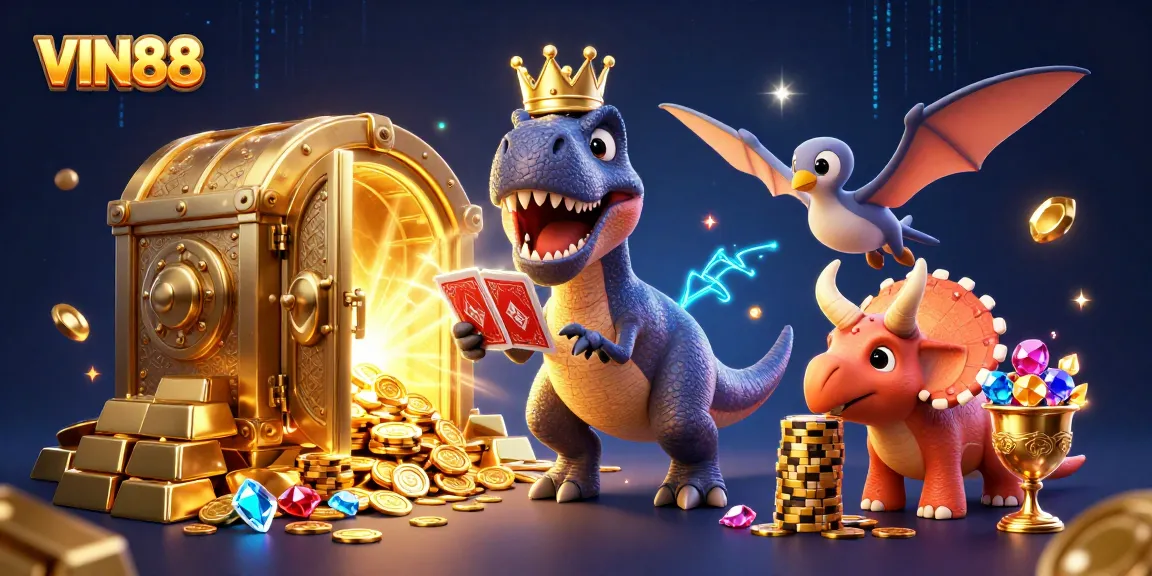 Engage with VIN88's vibrant casino experience featuring T-Rex and treasure in a lively 3D scene.