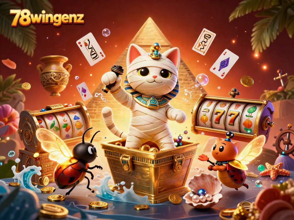Experience the thrill of winning at 78wingenz with a captivating casino scene featuring a mummy cat and treasure.