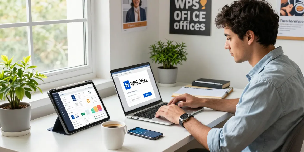 WPS Download process in a modern home office with a laptop, productivity apps, and a cup of coffee.