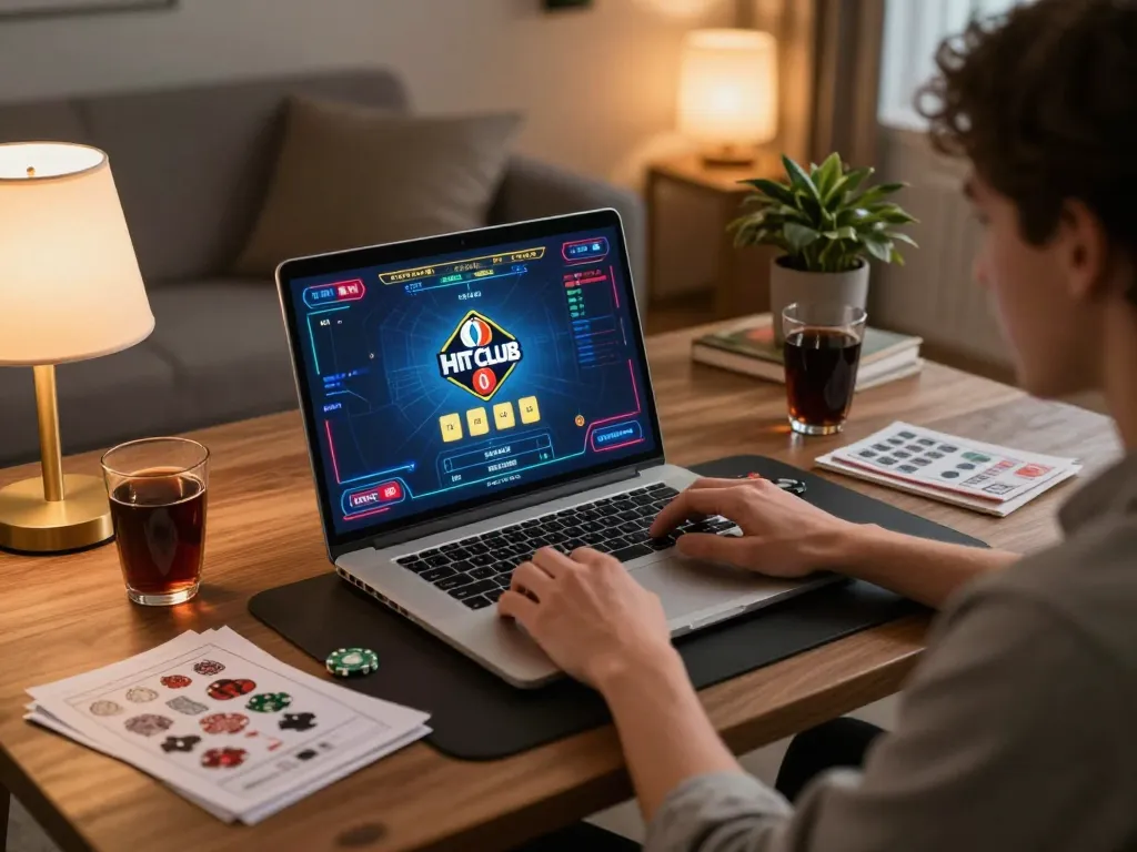 Engaging online gaming scene showcasing hit-club logo with a player immersed in excitement of the game.