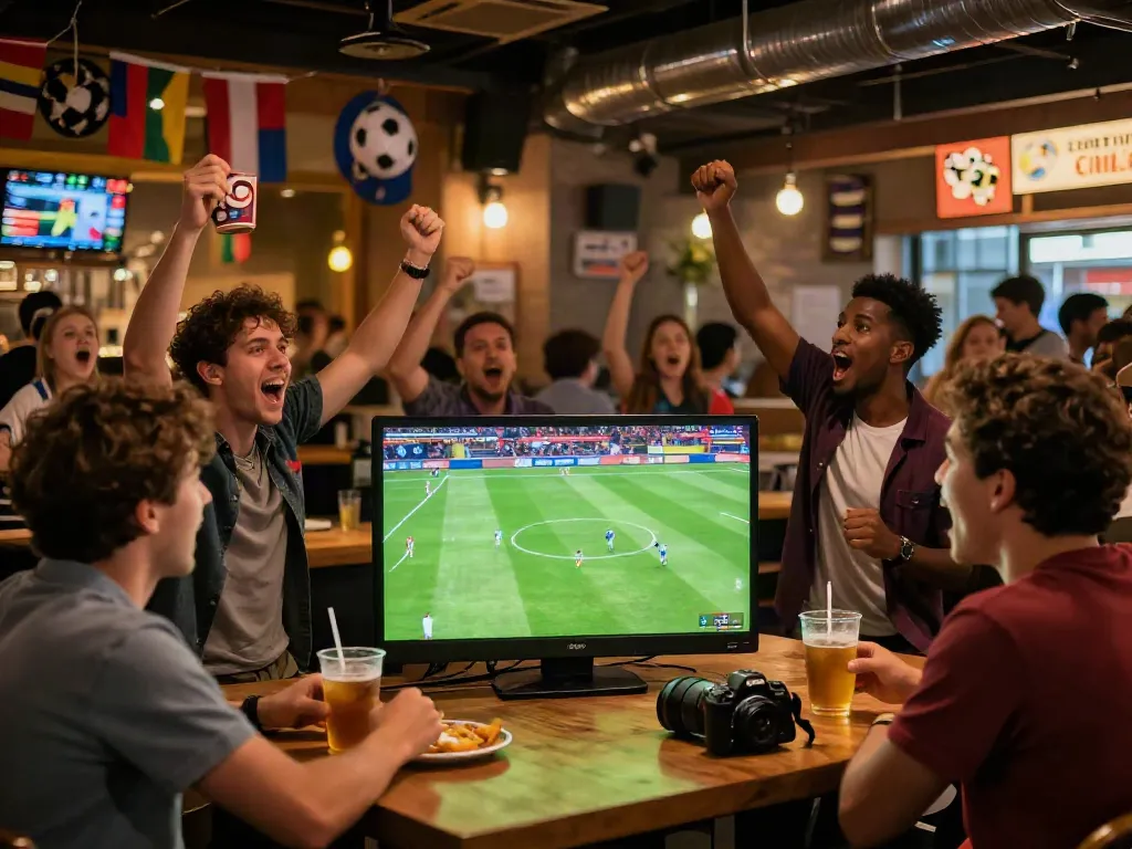 Fans enjoying live football on cakhiatv.team at a lively sports bar.