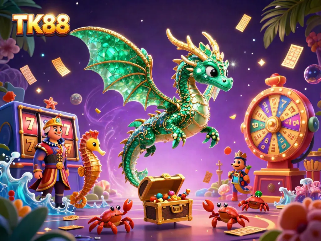 Experience thrilling gameplay at TK88 with vibrant slot reels and an enchanting sea dragon.