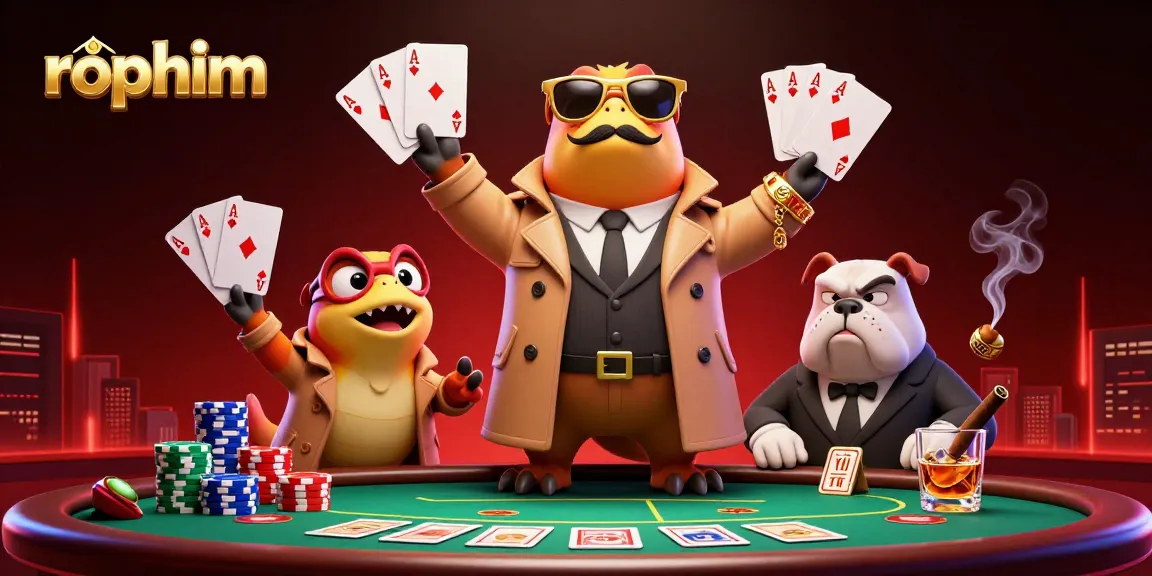 Enjoy a thrilling poker scene with rophim characters in a VIP casino setting featuring raptors and a bulldog.