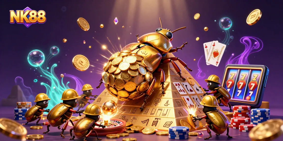 Experience the thrill of NK88 with vibrant casino elements and a golden beetle in action.