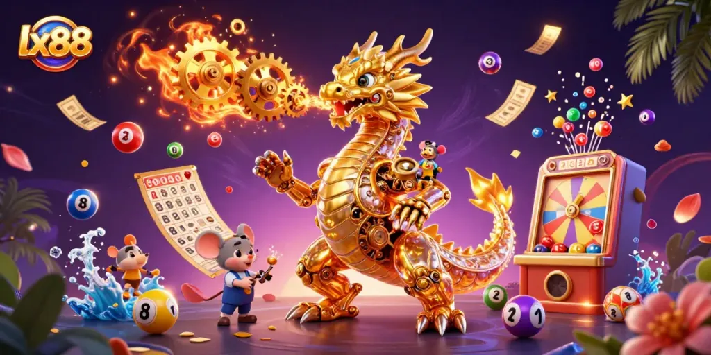 Experience the thrill of lx88 with a golden dragon and vibrant lottery elements in a dynamic casino scene.